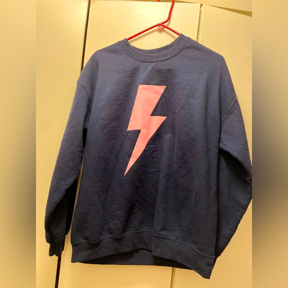 Women’s Blue Crew Sweatshirt With Pink Lightning Bolt